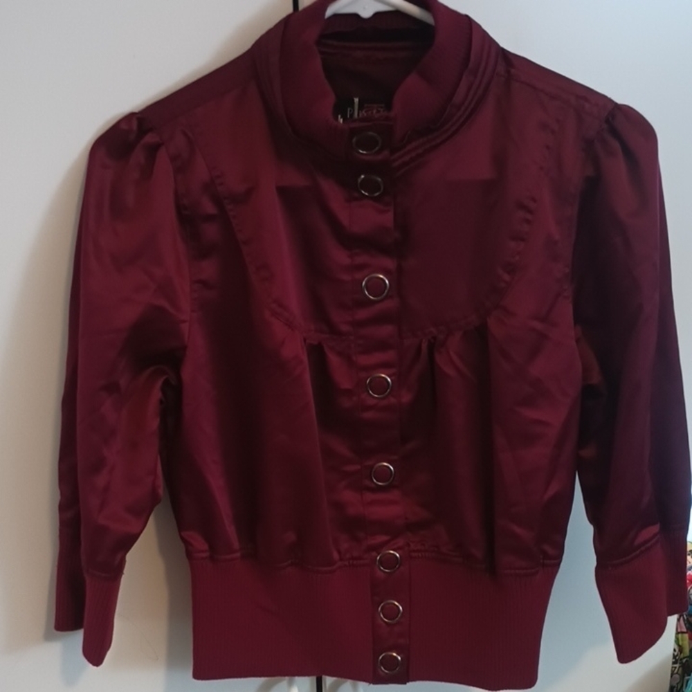 Burgundy Satin Jacket with Button Details Size Medium